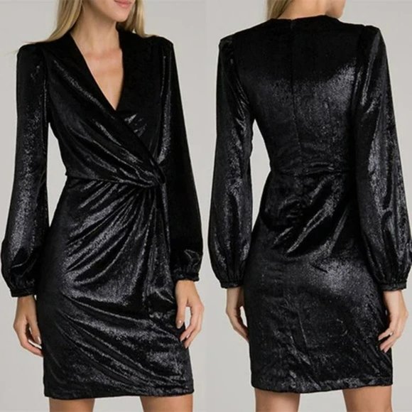PatBO Dresses & Skirts - Patbo Liquid Velvet Long Sleeve V Neck Wrap Dress Women's Black Size: Small NWT